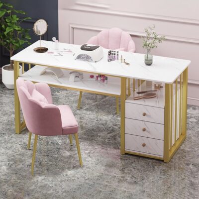 White Marble 3 Drawer Nail Table with Gold Metal Frame
