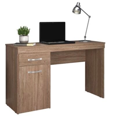 Walnut Office Desk with Drawer and Door Storage.