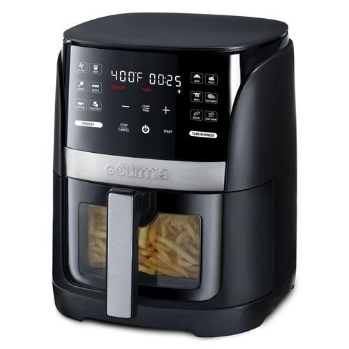 A black Gourmia Air Fryer with Glass Window 5.6 L/6QT with a digital display showing a temperature of 400°F and a timer set for 25 minutes. The front has buttons for various functions, and the transparent drawer contains French fries.