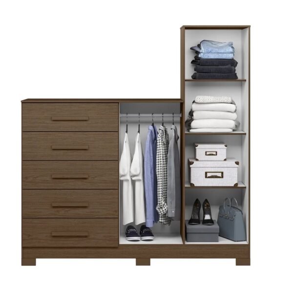 The Astillia 2 Door 5 Drawer Master Dresser with drawers on the left, hanging clothes in the middle, and shelves on the right. The shelves hold folded clothes, storage boxes, shoes, and a handbag. The middle section has white shirts and a checkered shirt on hangers, with shoes below them.