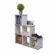 A white, multi-level Multipurpose Stepping Bookcase with varying shelf heights holding a potted plant, books, a digital photo frame displaying a cityscape, a miniature car, and CDs. The unit has a minimalist design with alternating wood and white surfaces.