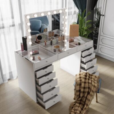 White Glass Top Vanity with Mirror & 15 LED Bulb Lights- 13 Drawer (Display surface)