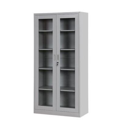 GLASS SWING (2) DOOR METAL STORAGE CABINET – GREY