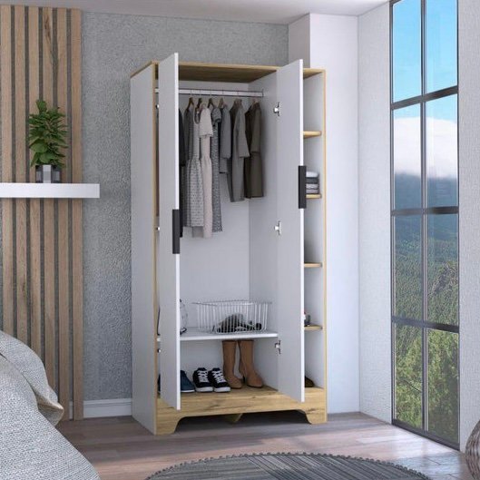 Closet Said, White and Light Brown, 2 Doors 4 Side Shelves