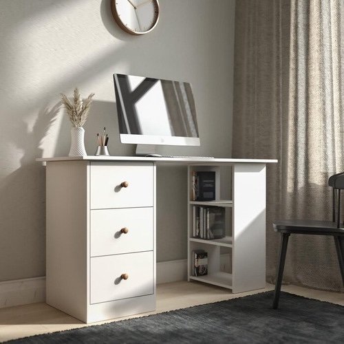 Jerrell White Writing / Computer desk with Side Bookshelf and drawers