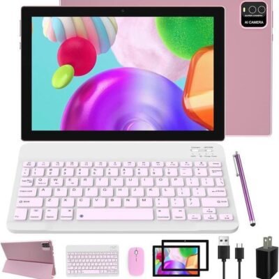 Pink 10″ Android Tablet Package, Mouse, Case, Keyboard and Stylus- Android 14 OS