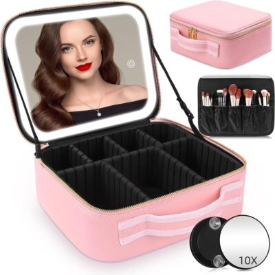 Pink Travel Makeup Bag with LED Mirror – Large Waterproof Cosmetic Case with Adjustable Dividers & 3 Light Modes