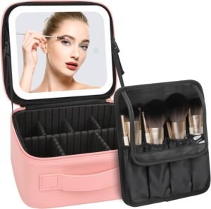 Travel Makeup Bag with LED Mirror – Large Pink Cosmetic Case with Adjustable Lighting for Women