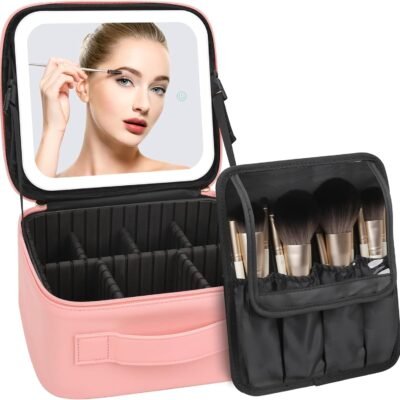 Travel Makeup Bag with LED Mirror – Large Pink Cosmetic Case with Adjustable Lighting for Women