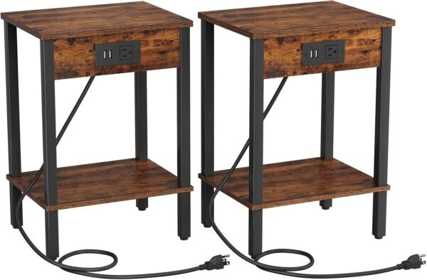 Set of 2 End Tables with Charging Stations, USB Ports, & Storage for Small Spaces