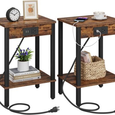 Set of 2 End Tables with Charging Stations, USB Ports, & Storage for Small Spaces