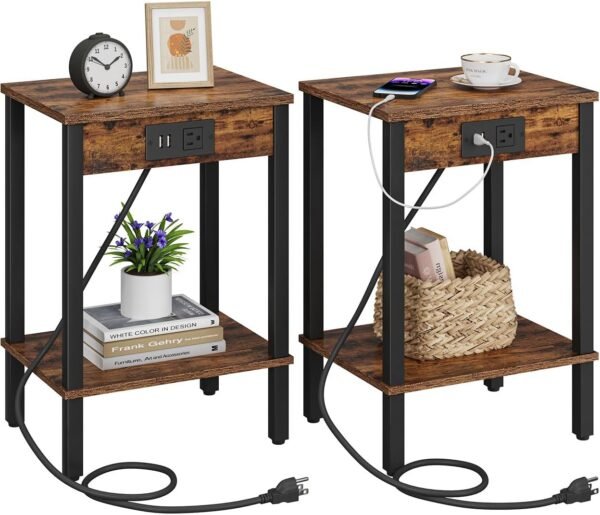 Set of 2 End Tables with Charging Stations, USB Ports, & Storage for Small Spaces