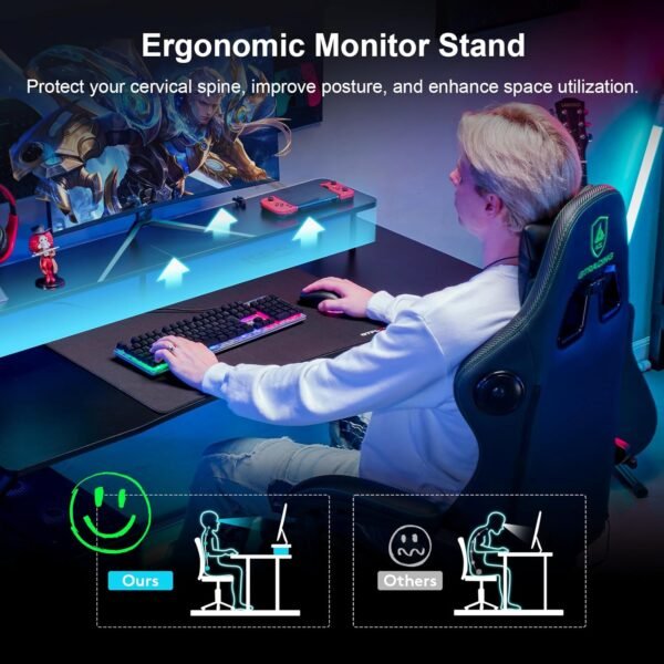 GTRACING 55″ Gaming Desk with Power Outlets, RGB LED Lights, Ergonomic Carbon Fiber Surface, Monitor Stand, and Accessories