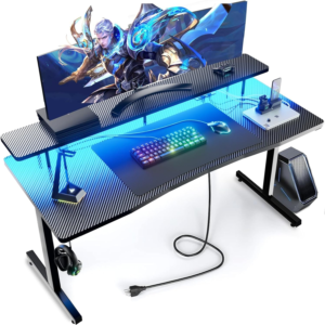 GTRACING 55″ Gaming Desk with Power Outlets, RGB LED Lights, Ergonomic Carbon Fiber Surface, Monitor Stand, and Accessories