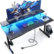 GTRACING 55″ Gaming Desk with Power Outlets, RGB LED Lights, Ergonomic Carbon Fiber Surface, Monitor Stand, and Accessories