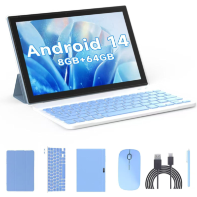 Blue 10″ Android Tablet Package, Mouse, Case, Keyboard and Stylus- Android 14 OS