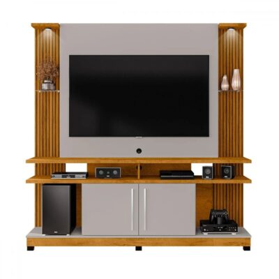 TV Stand with LED & Slatted Doors for TVs Up to 60″ – York (Naturalle/Off-White)