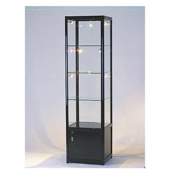 Premium Square Tower Glass Display with adjustable shelves and aluminum frame, perfect for retail and collectibles