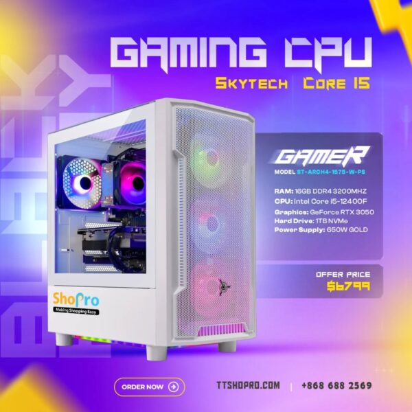 Skytech Gaming Desktop PC – Intel Core i5-12400F, GeForce RTX 3050, 16GB DDR4, 1TB NVMe SSD, 650W Gold PSU – High Performance Gamer PC