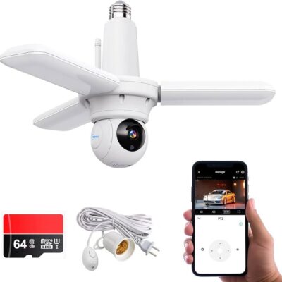 Smart Garage Light with Built-In Security Camera – 1080p HD, Motion Detection, Night Vision, 2-Way Audio, WiFi, and App Control – Includes 32GB Card