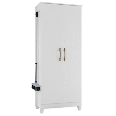 Jade Multiuse Broom Cabinet – White | 2-Door Storage with 4 Shelves & Broom Hooks