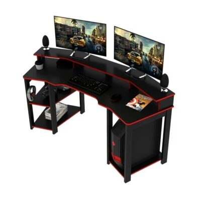 Level Up Your Setup with the Ultimate Black & Red Gaming Desk – Dual Monitor Ready with Storage Shelves
