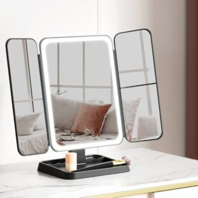 Portable Tri-Fold LED Makeup Mirror – Black | Compact Travel Vanity with Lights & Magnification
