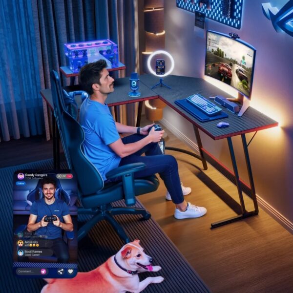 Homall 47″ L-Shaped Gaming Desk – Carbon Fiber Finish, Removable Monitor Riser & Z-Leg Style