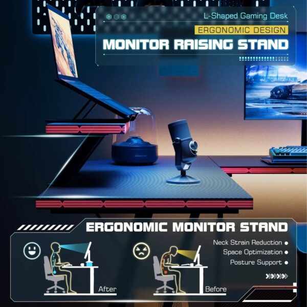 Homall 47″ L-Shaped Gaming Desk – Carbon Fiber Finish, Removable Monitor Riser & Z-Leg Style