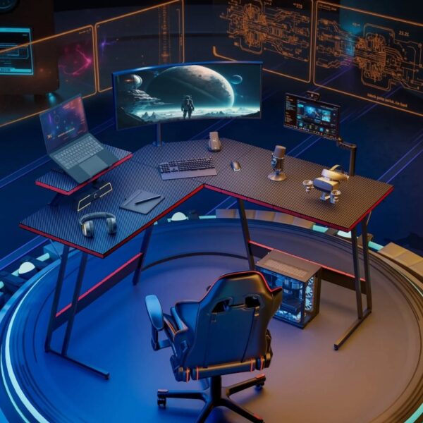Homall 47″ L-Shaped Gaming Desk – Carbon Fiber Finish, Removable Monitor Riser & Z-Leg Style
