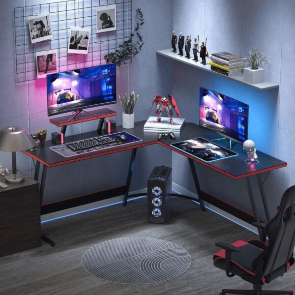 Homall 47″ L-Shaped Gaming Desk – Carbon Fiber Finish, Removable Monitor Riser & Z-Leg Style