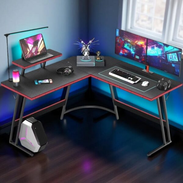 Homall 47″ L-Shaped Gaming Desk – Carbon Fiber Finish, Removable Monitor Riser & Z-Leg Style