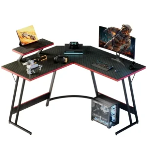 Homall 47″ L-Shaped Gaming Desk – Carbon Fiber Finish, Removable Monitor Riser & Z-Leg Style