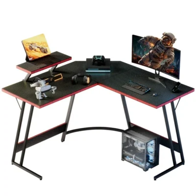 Homall 47″ L-Shaped Gaming Desk – Carbon Fiber Finish, Removable Monitor Riser & Z-Leg Style