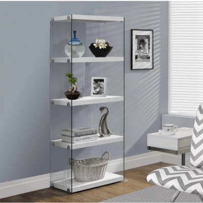 Glossy White & Glass 5-Tier Slim Bookcase – Modern Elegance by Shopro