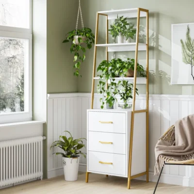 White & Gold 3-Drawer Ladder Shelf – Elegant Metal & Wood Storage Unit