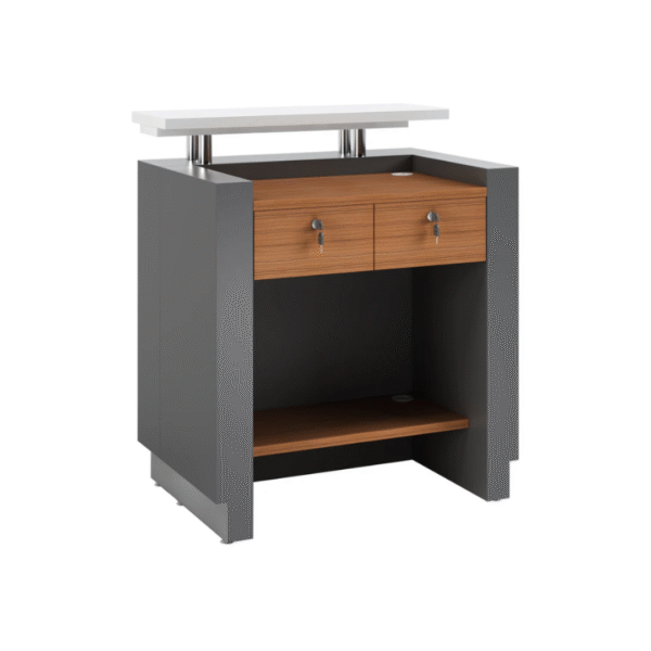 Compact Reception Desk with Raised Counter & Storage – Grey & Oak Finish, MFC + Metal Build