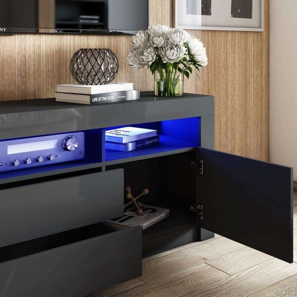 Black LED TV Stand with High Gloss Finish, Drawers & Cabinets – Fits TVs Up to 70”