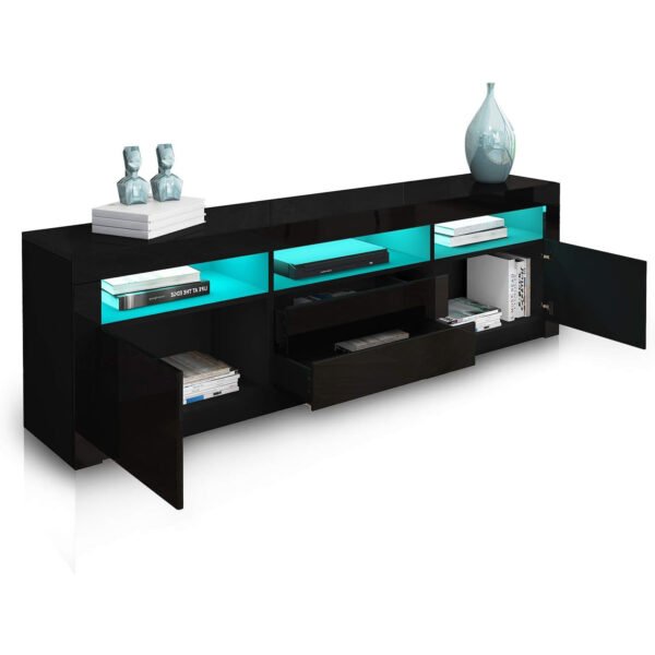 Black LED TV Stand with High Gloss Finish, Drawers & Cabinets – Fits TVs Up to 70”