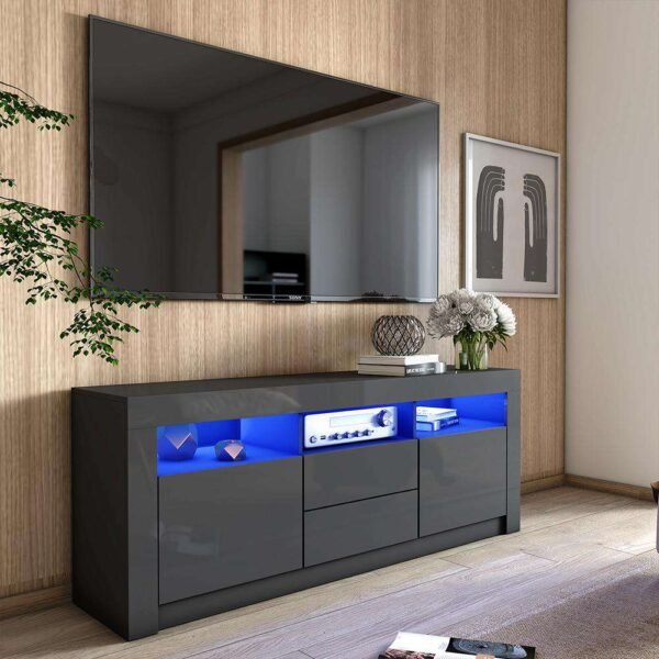 Black LED TV Stand with High Gloss Finish, Drawers & Cabinets – Fits TVs Up to 70”