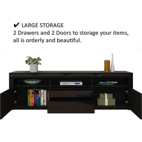 Black LED TV Stand with High Gloss Finish, Drawers & Cabinets – Fits TVs Up to 70”