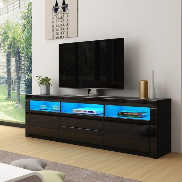 Black LED TV Stand with High Gloss Finish, Drawers & Cabinets – Fits TVs Up to 70”