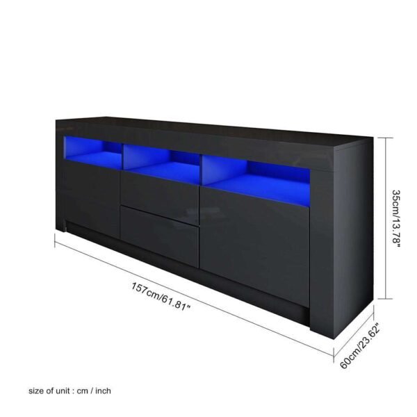Black LED TV Stand with High Gloss Finish, Drawers & Cabinets – Fits TVs Up to 70”