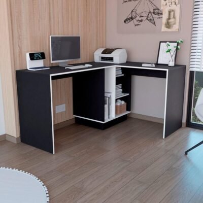 ProZone™ L-Shaped Executive Workstation Desk – Black & White Finish