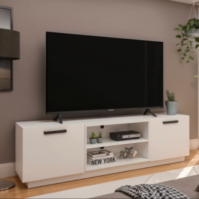 GlideView 2‑Door TV Stand – White Finish, Fits Up to 75″ TV | Shopro