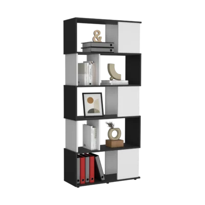 Noah 5-Tier Modern Bookcase – Black & White Open Shelf Storage for Living Room, Bedroom, or Home Office