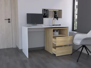 Rookie Desk – Modern White & Oak Computer Desk with Storage Drawers & Shelf