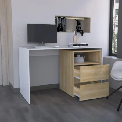 Rookie Desk – Modern White & Oak Computer Desk with Storage Drawers & Shelf