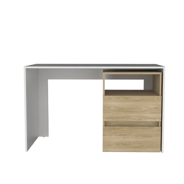 Rookie Desk – Modern White & Oak Computer Desk with Storage Drawers & Shelf