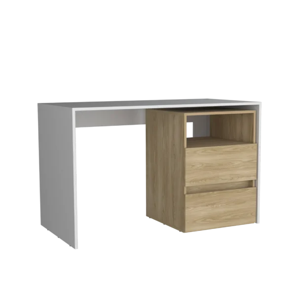 Rookie Desk – Modern White & Oak Computer Desk with Storage Drawers & Shelf